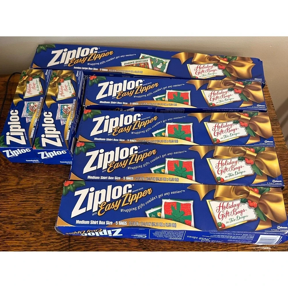 7 Vintage Ziploc Easy Zipper Holiday Christmas Gift Storage Bags Medium & Jumbo